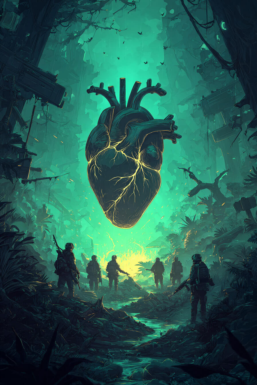 El Corazón Negro – Mini-campaña de rol online ambientada en Vietnam (La Llamada de Cthulhu) Ilustración cinematográfica de soldados avanzando por la jungla vietnamita bajo una luz antinatural. Imagen de portada de la mini-campaña de rol online “El Corazón Negro” de Roll&Story, una historia de horror bélico y corrupción cósmica ambientada en 1968,