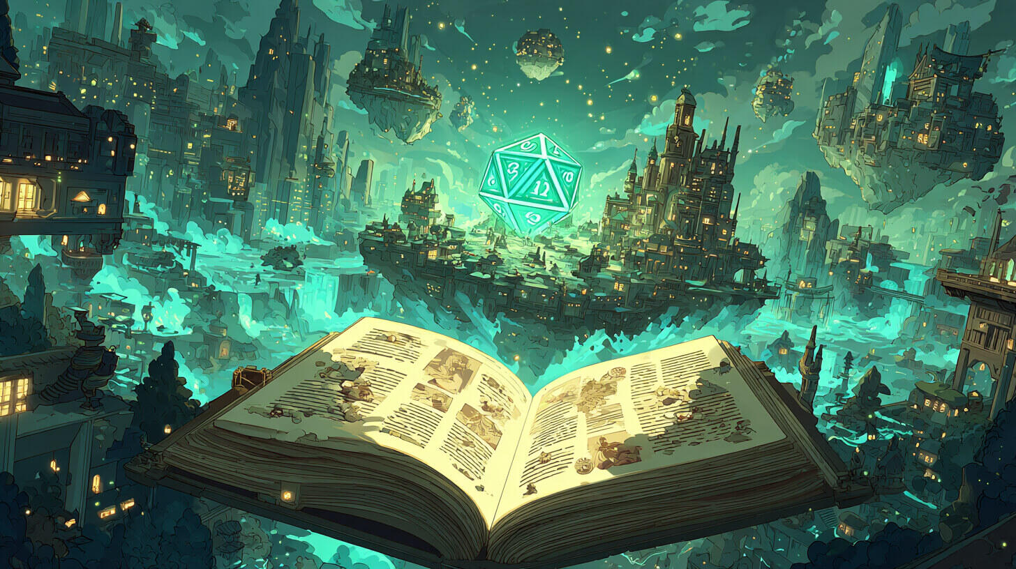 Partidas de rol a medida para tu grupo – Roll&Story Ilustración de un libro abierto y un dado d20 flotando sobre una ciudad fantástica. Imagen de la sección de partidas de rol personalizadas de Roll&Story, diseñadas a medida para cada grupo en sistemas como D&D, Cthulhu o Cyberpunk.